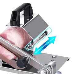 Mandoline Slicer - Close-up of slicer food holder with spring-loaded automatic feed mechanism holding a block of frozen meat