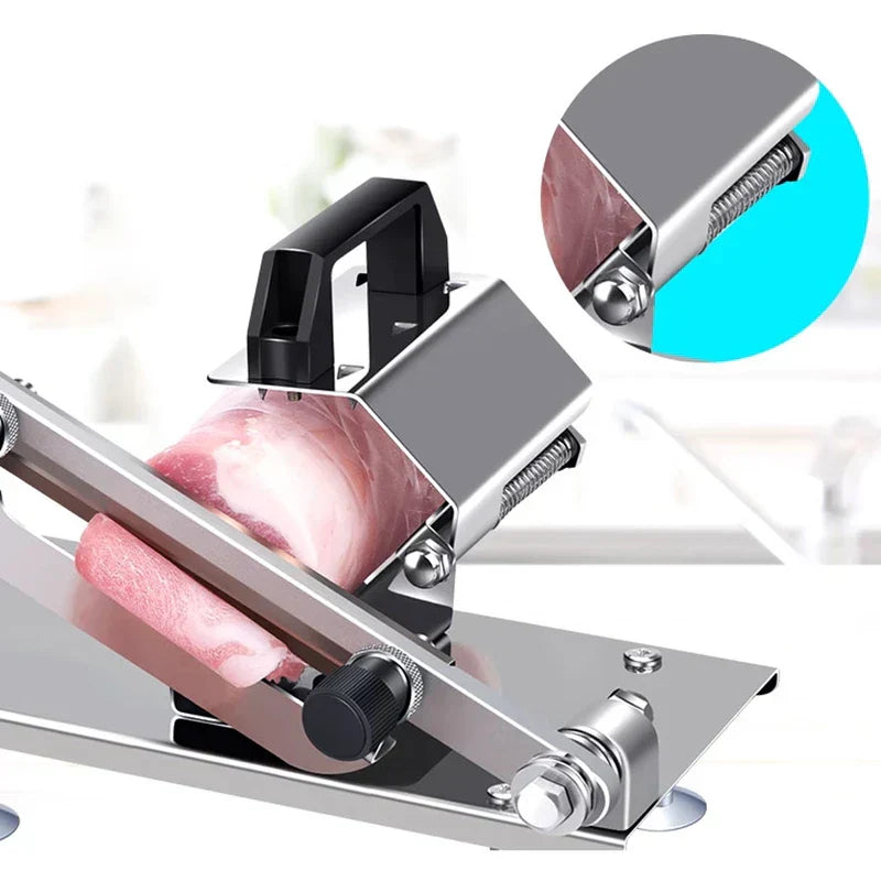 Mandoline Slicer - Close-up of a manual slicer cutting frozen meat, with an inset showing its spring-loaded meat holding mechanism