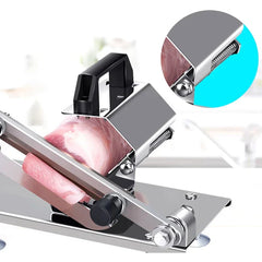 Mandoline Slicer - Close-up of a manual slicer cutting frozen meat, with an inset showing its spring-loaded meat holding mechanism