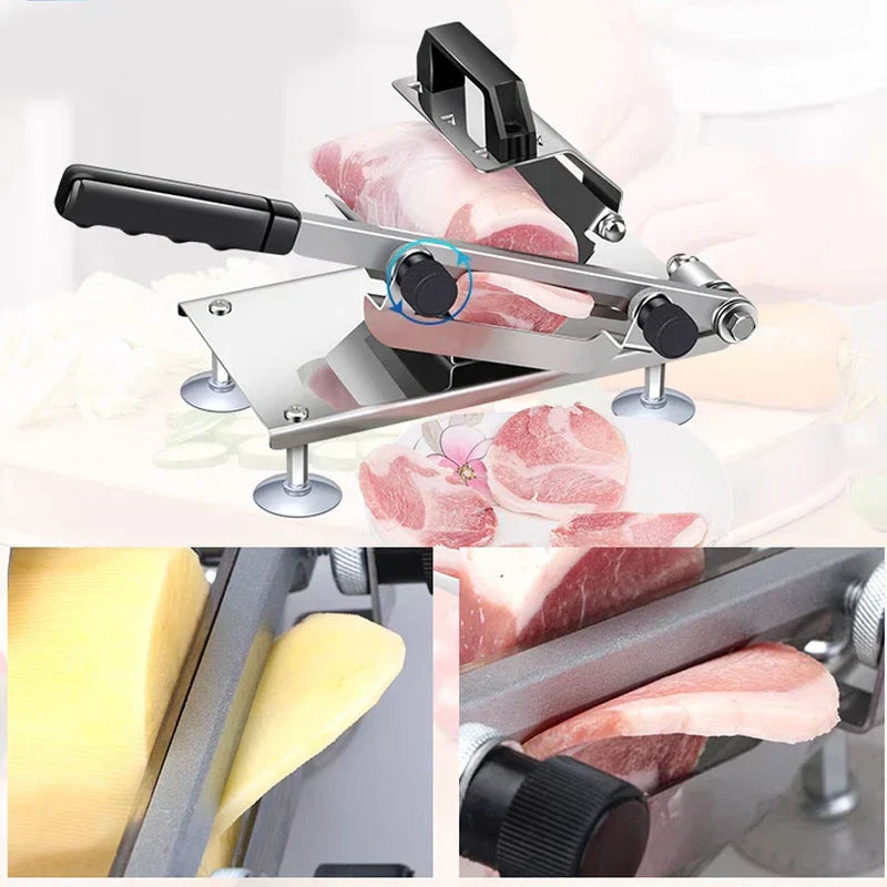 Mandoline Slicer - Manual slicer with sliced meat on a plate below, plus two inset views of slicing cheese and meat with thickness adjustment knobs