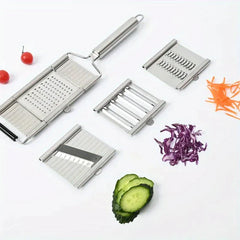 Vegetable Cutter - Full slicer set with interchangeable blades displayed alongside sample cut vegetables