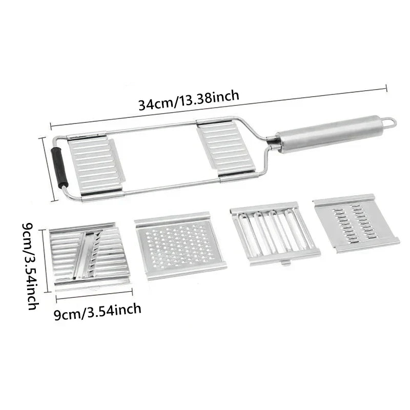 Vegetable Cutter - Multi-function stainless steel vegetable slicer set shown with 4 interchangeable blades, marked size dimensions