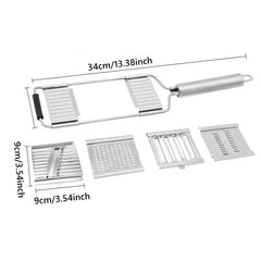 Vegetable Cutter - Multi-function stainless steel vegetable slicer set shown with 4 interchangeable blades, marked size dimensions