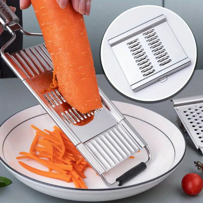 Vegetable Cutter - Multi-purpose vegetable slicer cuts carrot into long thin strips, inset shows the slicing blade.