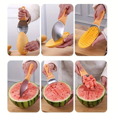6-step demo of a mango slicer being used to cut grid cubes from a mango half and a halved watermelon, scooping cut fruit chunks