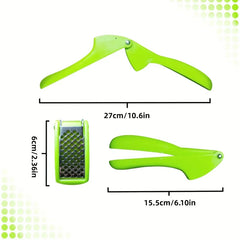Garlic Press Rocker - Green plastic hinged kitchen tool shown in open, closed, and separated grid-piece views with dimension labels