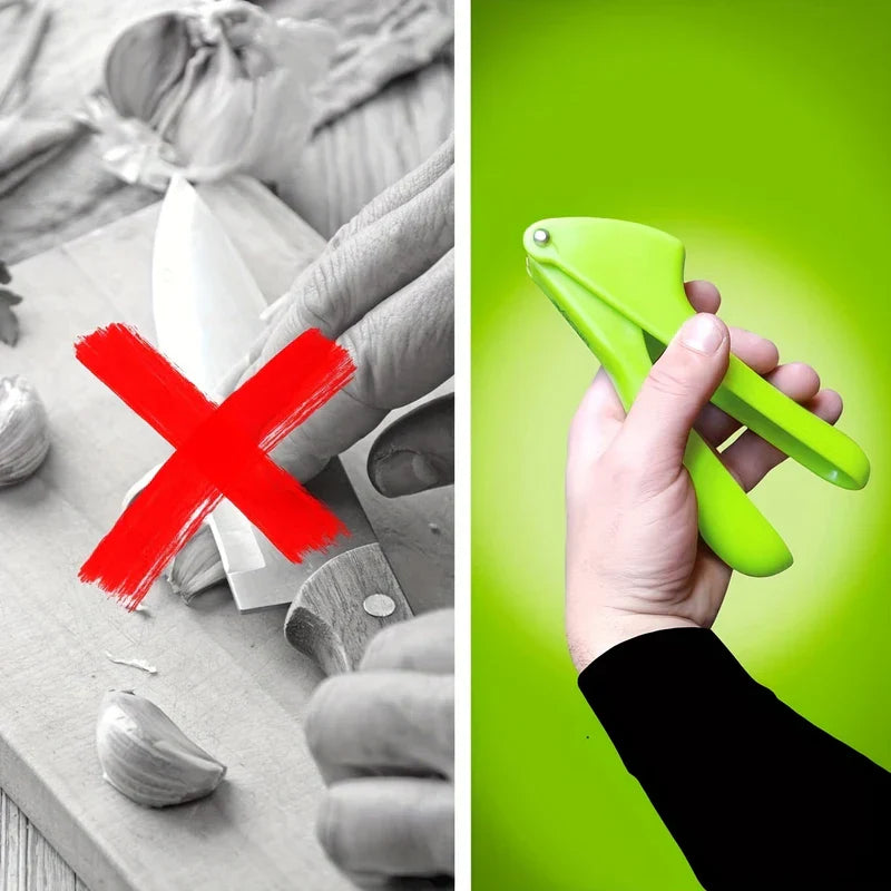 Garlic Press Rocker - Side-by-side: hand cutting garlic with knife marked by red X, hand holding bright green garlic press against bright green background