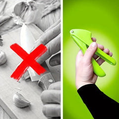 Garlic Press Rocker - Side-by-side: hand cutting garlic with knife marked by red X, hand holding bright green garlic press against bright green background