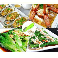 Garlic Press Rocker - Four dishes topped with minced garlic arranged around circular inset of garlic press and peeled garlic cloves