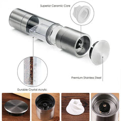 Spice Grinder Mill - Exploded view diagram showing grinder components including grinding core, clear chamber, and metal end caps