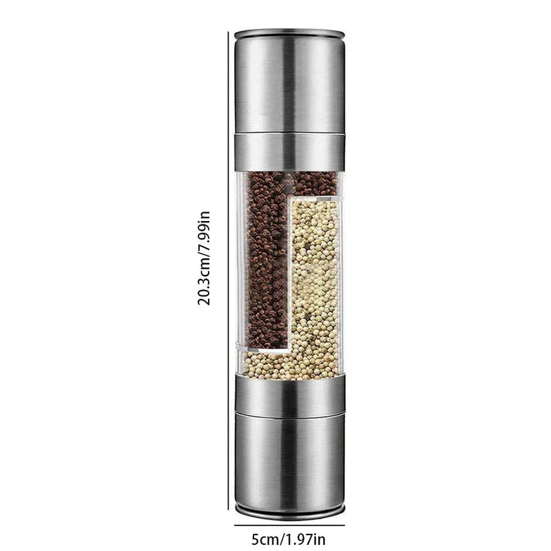 Spice Grinder Mill - Stainless steel dual-compartment spice grinder with visible black and white peppercorns, height and width dimension labels shown.