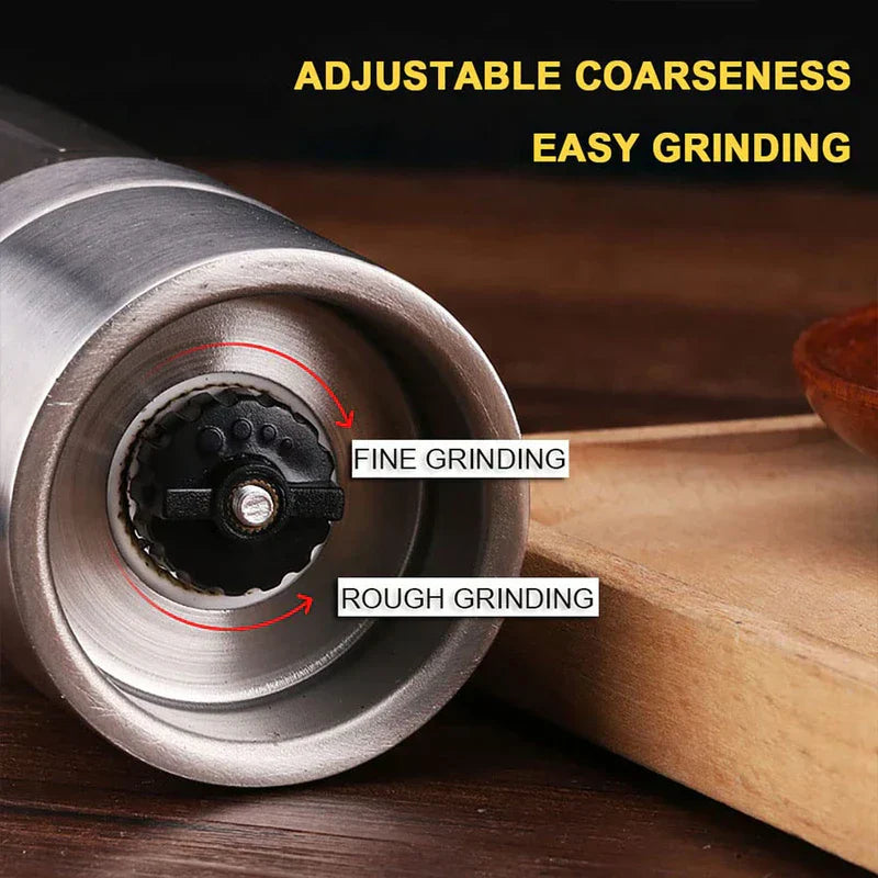 Spice Grinder Mill - Close-up of stainless steel spice grinder bottom, grind settings marked for fine and rough grinding with rotation arrows