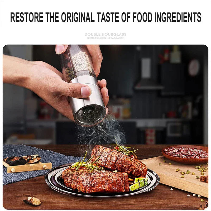 Spice Grinder Mill - Person grinding white pepper from a handheld grinder over two cooked steaks on a plate