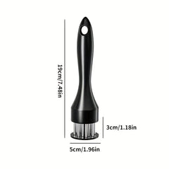 Stainless Steel Meat Tenderizer - Black handled meat tenderizer with metal prongs, showing dimensions in centimeters and inches