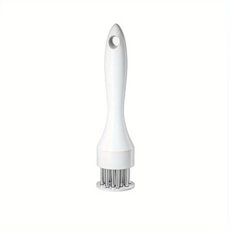Stainless Steel Meat Tenderizer - White meat tenderizer with stainless steel prongs, viewed from front against a white background