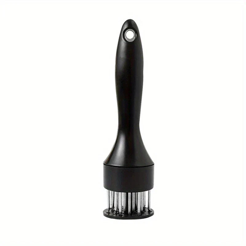 Stainless Steel Meat Tenderizer - Black handled kitchen tool with sharp metal prongs and hanging loop at top