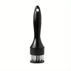 Stainless Steel Meat Tenderizer - Black handled kitchen tool with sharp metal prongs and hanging loop at top