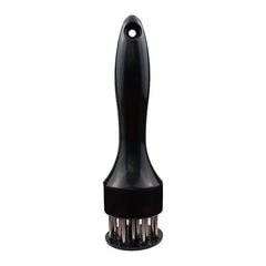 Stainless Steel Meat Tenderizer - Black handled kitchen tool with hanging hole and exposed metal prongs, upright on plain white background