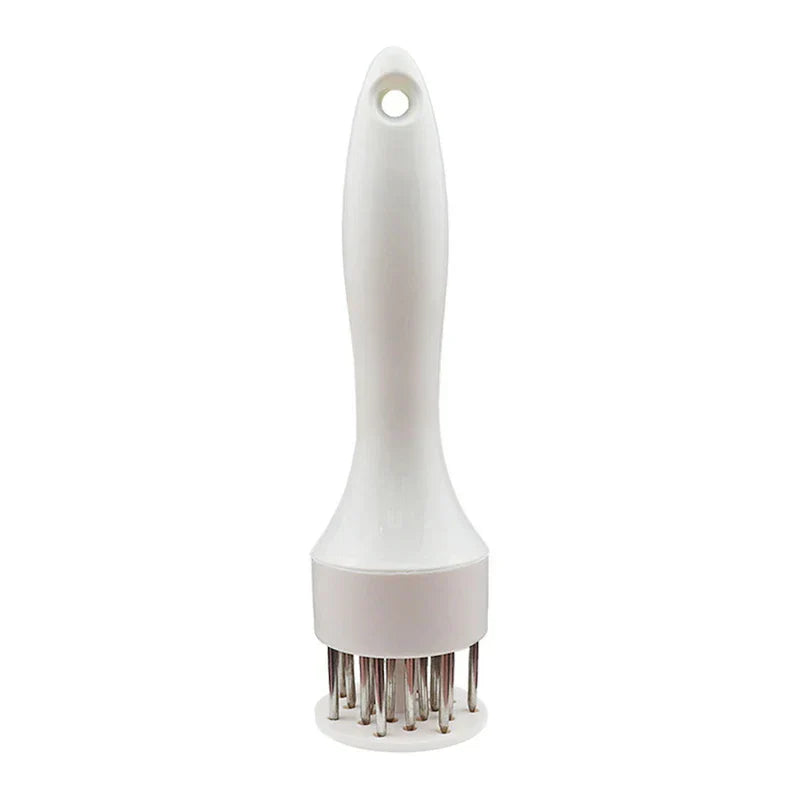Stainless Steel Meat Tenderizer - White plastic handled meat tenderizer with protruding stainless steel prongs, top hanging hole, on white background