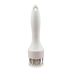Stainless Steel Meat Tenderizer - White plastic handled meat tenderizer with protruding stainless steel prongs, top hanging hole, on white background