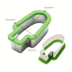 Watermelon Slicer Cutter - Two popsicle-shaped metal cutters with green grips, dimension labels showing their size measurements