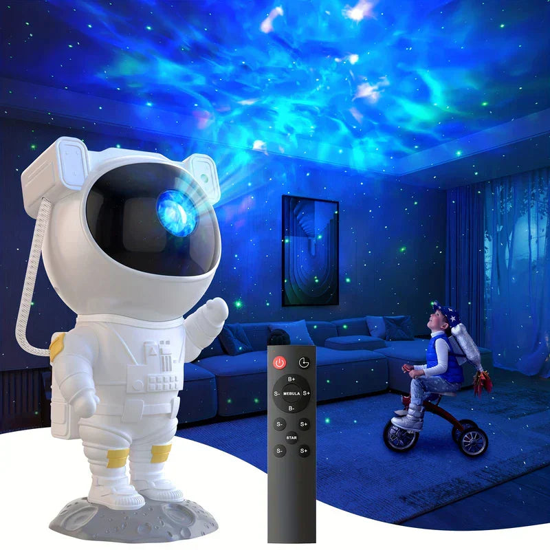 Astronaut figure holding a galaxy projector lamp