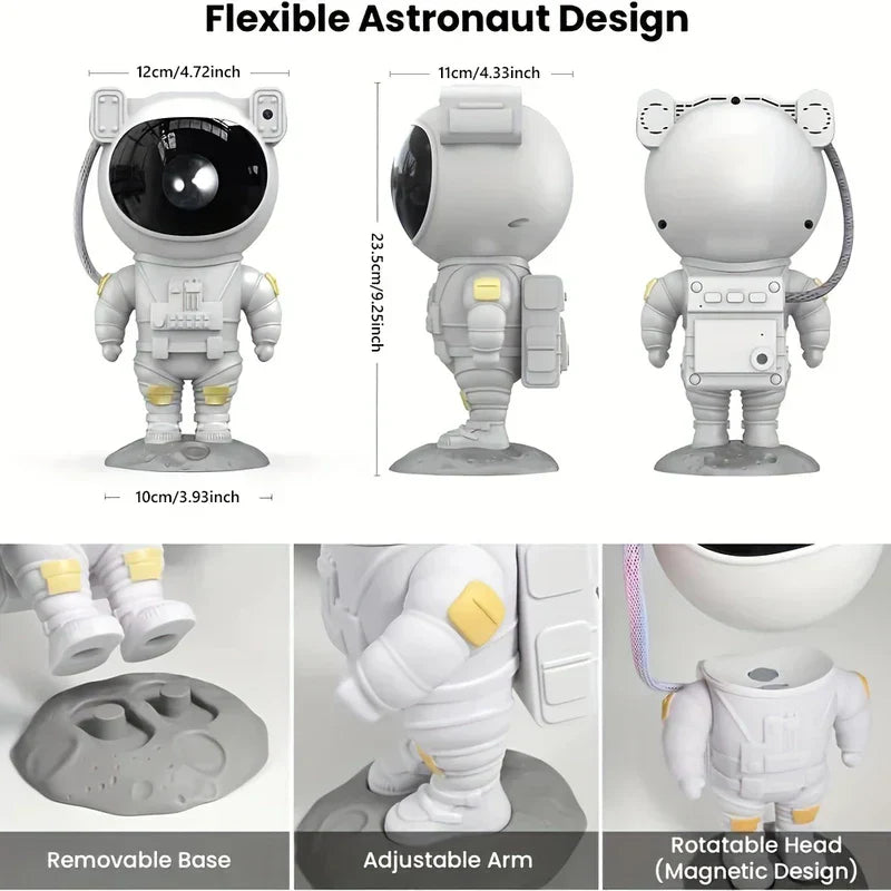 Projector Lamp - Multi-view diagram of astronaut figurine showing flexible design features and dimension labels