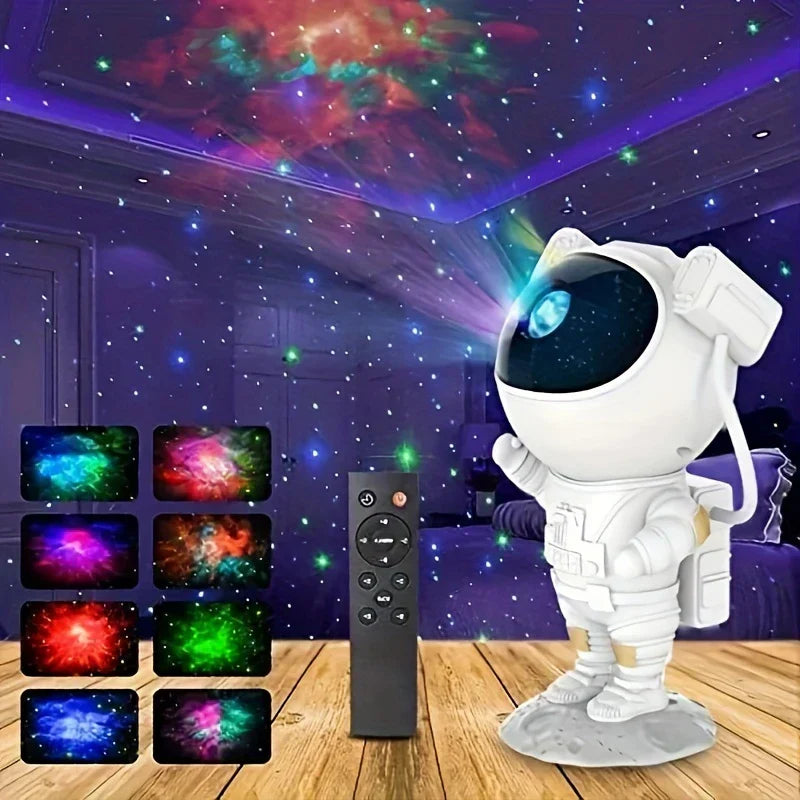 Projector Lamp - Astronaut light projector with remote control, projecting nebula and star patterns, with projection effect previews shown