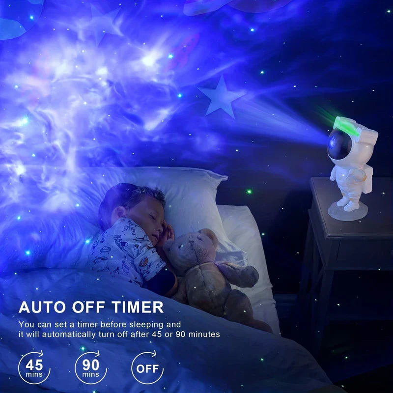 Projector Lamp - Astronaut projector placed on nightstand, projecting blue nebula and stars over sleeping child