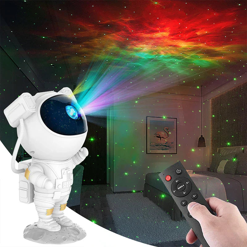 Projector Lamp - Astronaut shaped star projector projecting colorful nebula and green star lights onto a bedroom ceiling and wall, with hand holding remote control in foreground