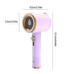 Prensa de prendas - herramienta de peinado portátil color lavanda con detalles en rosa dorado, mostrada con medidas dimensionales etiquetadas.