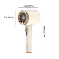 Prensa de prendas - herramienta de peinado portátil color blanco crema con detalles en rosa dorado, mostrada con medidas dimensionales etiquetadas.
