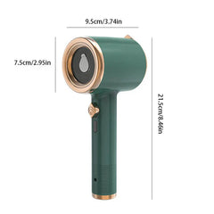 Prensa de prendas - herramienta de peinado portátil color verde oscuro con detalles en rosa dorado, mostrada con medidas dimensionales etiquetadas.