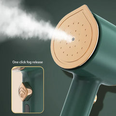 Prensa de prendas - primer plano de un vaporizador de prendas portátil emitiendo vapor, con recuadro mostrando su botón de liberación de vapor de un solo clic