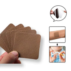 Nicotine Patch - Hand holding multiple brown nicotine patches with usage step illustrations on the right