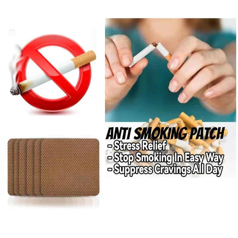 No smoking sign, stacked brown nicotine patch, person snapping cigarette, cigarette butts, and anti smoking patch benefit text on white background