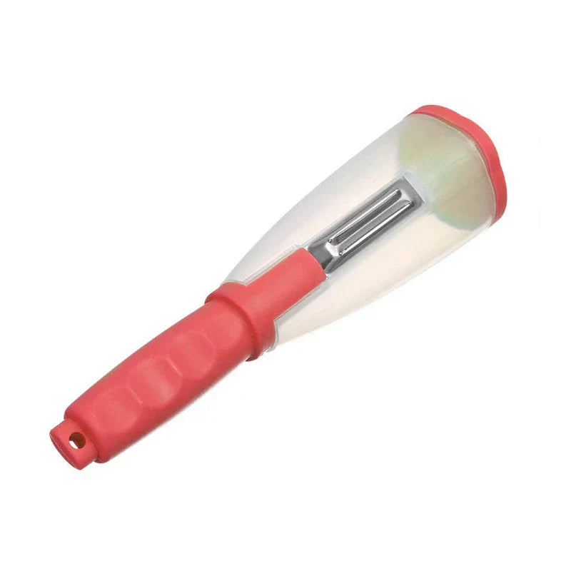 Storage Grater Box Container - Red-handled vegetable peeler with clear translucent peel catch chamber and end cap