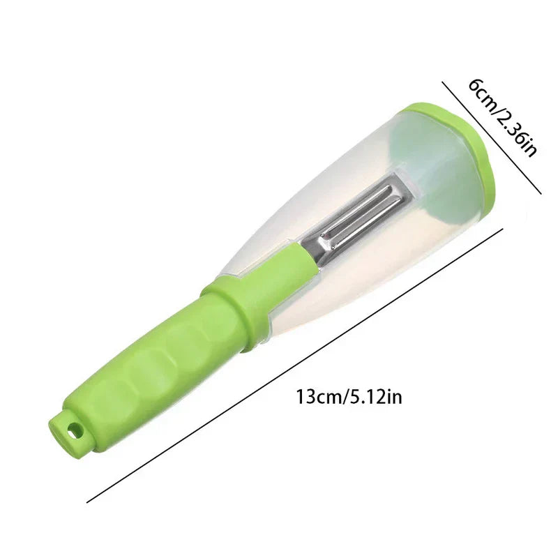 Storage Grater Box Container - Green-handled storage peeler, shown with its dimensions of 13cm length and 6cm width on a plain white background.