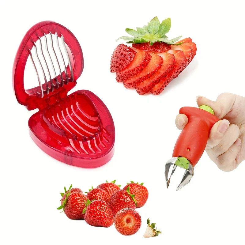 Translucent red strawberry slicer, red handheld strawberry huller, whole and sliced strawberries on a white background