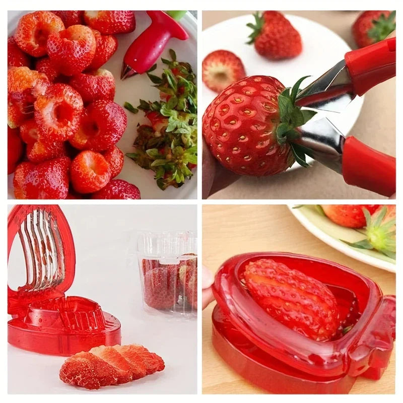 Four-panel collage showing a strawberry slicer slicing strawberries and a huller removing strawberry stems and hulls