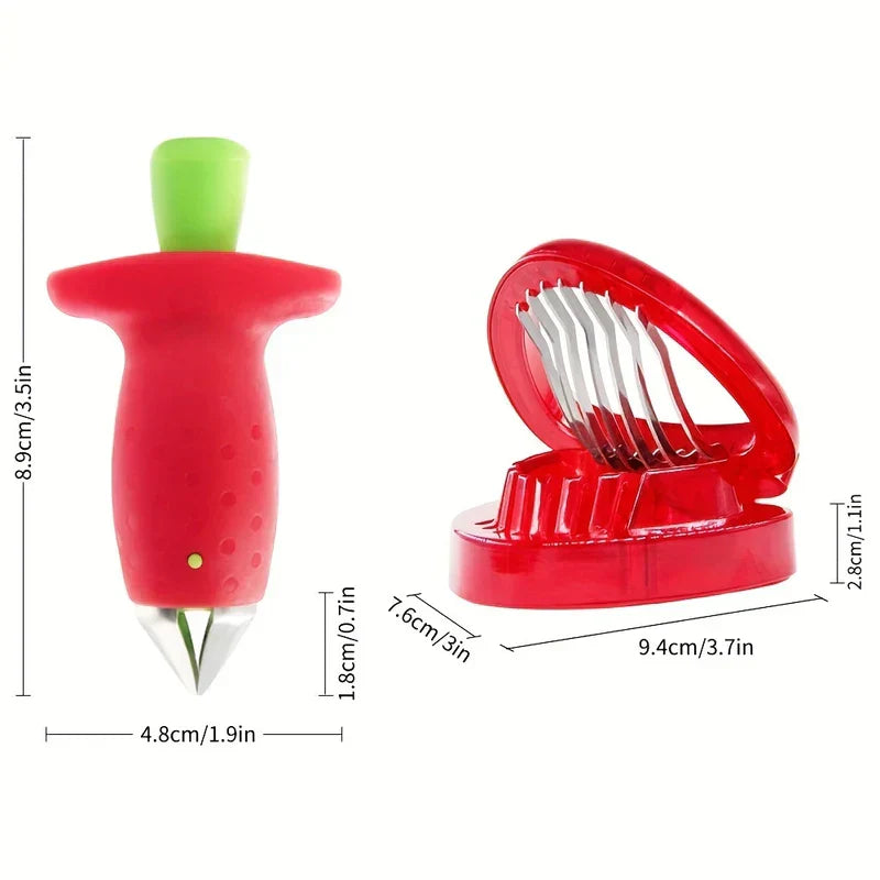 Strawberry huller and strawberry slicer set with dimensional measurements on white background