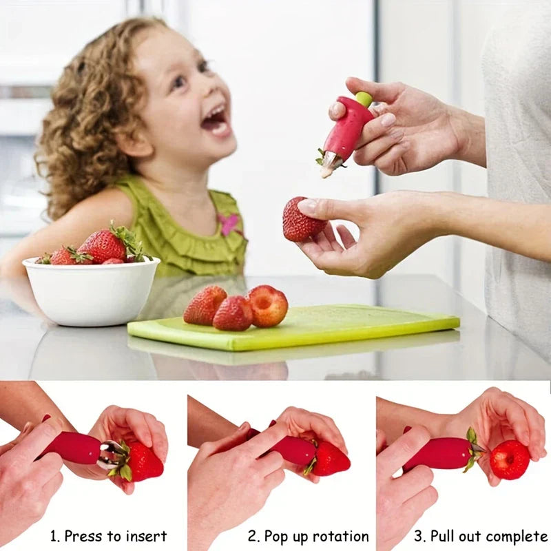 Adult using strawberry huller with a child nearby, plus step-by-step hulling demos and a strawberry slicer set