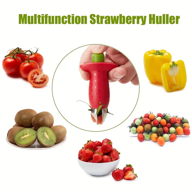 Multifunction strawberry slicer, shown with tomatoes, bell peppers, kiwis, cherry tomatoes, and strawberries