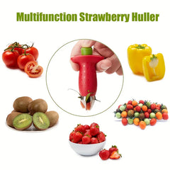 Multifunction strawberry slicer, shown with tomatoes, bell peppers, kiwis, cherry tomatoes, and strawberries