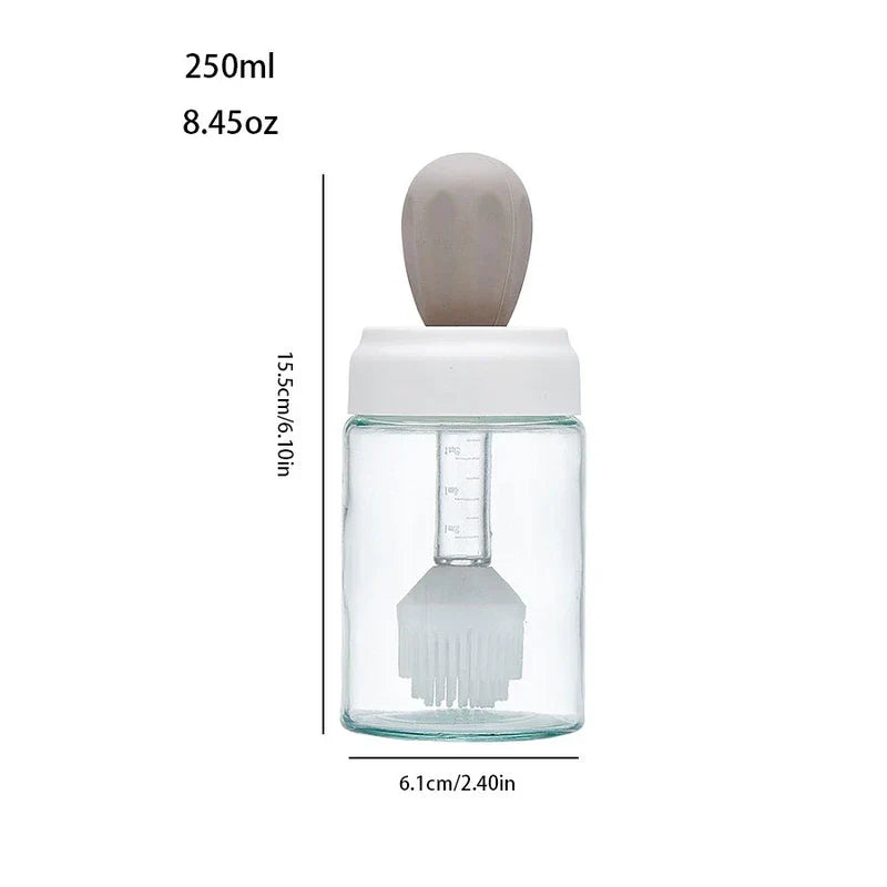 Glass Cleaning Squeegee - 250ml glass oil bottle with silicone basting brush cap, showing height 15.5cm/6.10in and width 6.1cm/2.40in measurements.