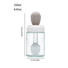 Glass Cleaning Squeegee - 250ml glass oil bottle with silicone basting brush cap, showing height 15.5cm/6.10in and width 6.1cm/2.40in measurements.
