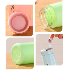 Four detail shots showing a tumbler lid inner seal, glass inner rim, base, and finger loop carry strap in pink, green, and light blue.