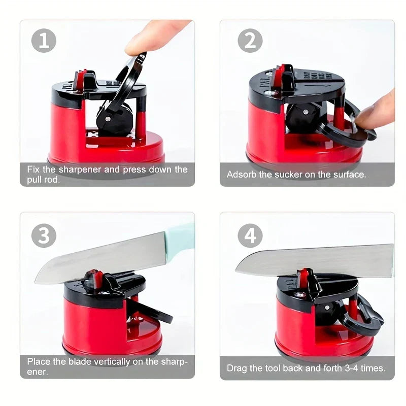 afilador manual de cuchillos con ventosa - Demostración secuencial de cuatro pasos que muestra el proceso de configuración y uso del afilador de cuchillos con ventosa en rojo y negro