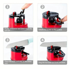 afilador manual de cuchillos con ventosa - Demostración secuencial de cuatro pasos que muestra el proceso de configuración y uso del afilador de cuchillos con ventosa en rojo y negro