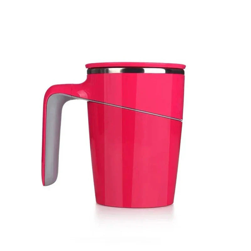 Suction Bottom No Spill Tumbler Cup Mug - Bright pink mug with gray grip handle and matching lid, side profile view